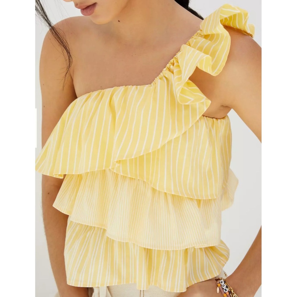 Maeve Anthropologie One Shoulder Ruffle Top Yellow Striped Size M Coastal Summer